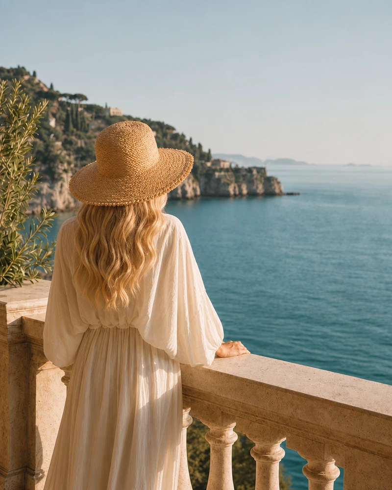 A woman in an ivory linen dress and straw hat on a stone resort terrace, back to camera, gazing out over turquoise water — the dream life the book builds toward